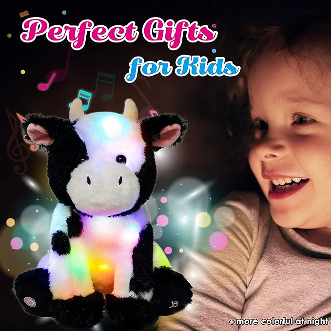 Cuteoy Light-up Singing Plush Cow LED Musical Stuffed Animal Adjustable Volume Lullaby Plushies Birthday Christmas Toy Gifts for Kids Toddler Girls, 13"-CubbioJoy