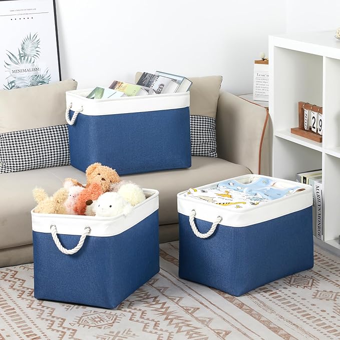 Bidtakay Large Storage Baskets for Shelves 3 Pack Fabric Storage Bins for Organizing Navy Blue Decorative Baskets Linen Collapsible Organizer for Closet-CubbioJoy