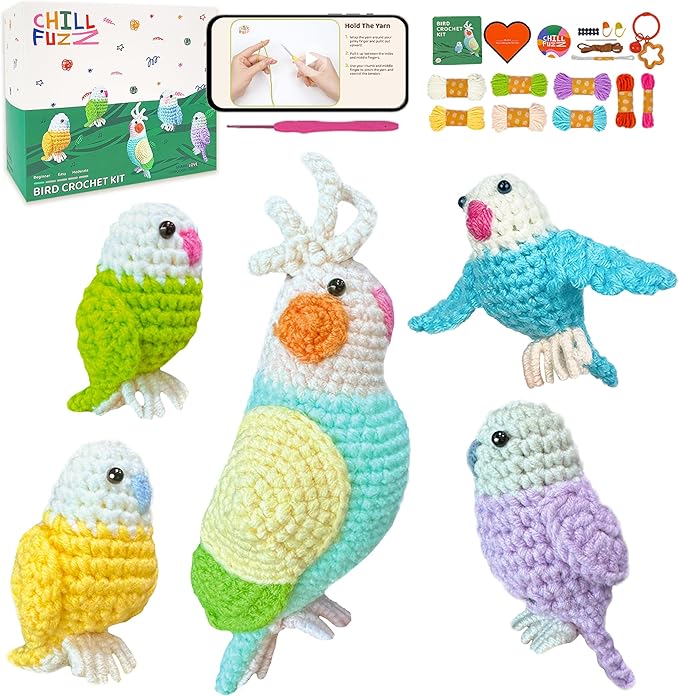 ChillFuzz Animal Crochet Kit Beginner Crochet Kit for Adults and Kids with Yarn Hook and Step by Step Instructions Relaxing DIY Gift Parrot-CubbioJoy