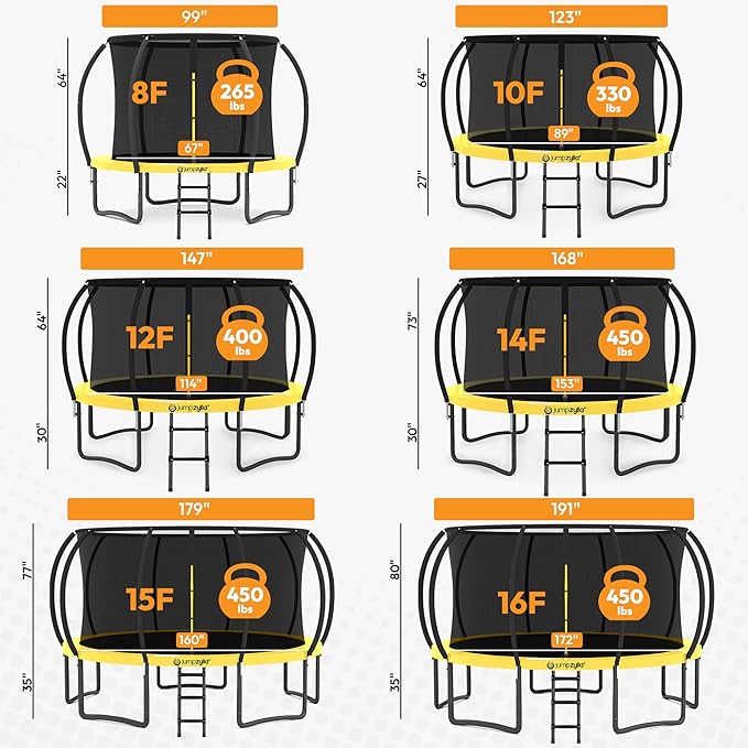 JUMPZYLLA Trampoline Outdoor 8FT 10FT 12FT 14FT 15FT 16FT with Enclosure and Ladder, ASTM Approved Recreational Trampoline for Kids and Adults, Anti-Rust Coated Frame-CubbioJoy