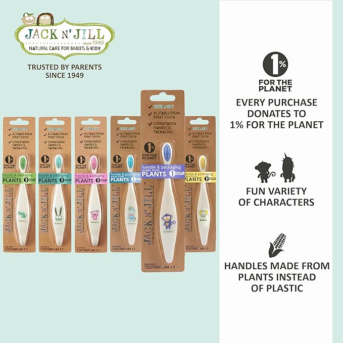 Jack N' Jill Baby & Toddler Toothbrush - 12 Months & Up, Age 2-4, Natural, Soft, Non Toxic, Cornhusk Handle, Kids Toothbrushes for Girls & Boys - Assorted Characters (4 Pack)-CubbioJoy