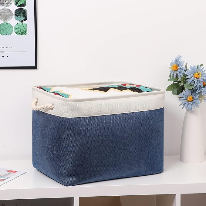 Bidtakay Fabric Storage Baskets with Handles for Organizing 16" x 11.8" x 11.8" Navy Blue Baskets [2-Pack] Shelf Baskets Large Canvas Collapsible Bins for Closet (White&Blue)-CubbioJoy
