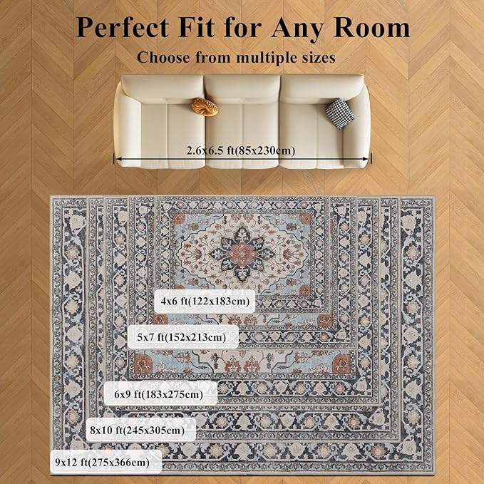 9x12 Area Rug Living Room Rugs, Stain Resistant Washable Rug, Vintage Large Non-Slip Backing, Low Pile Lightweight Print Rug for Bedroom Dinning Room Home Office (Blue/Gray)-CubbioJoy