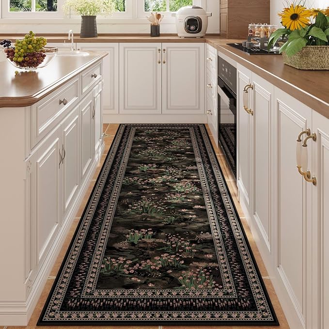 2x6 Runner Rug Impressionist-Style Vintage Kitchen Rugs Non Slip Washable Soft Carpet Runner for Kitchen Laundry Bedroom Bathroom, Black-CubbioJoy