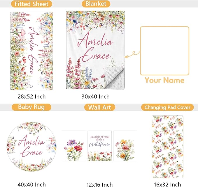 Custom Crib Bedding Set - 5 Pcs Customized Baby Crib Set with Name - Soft Double Layer Flower Nursery Baby Bedding Set for Girls Boys - Personalized for Infants Toddlers-CubbioJoy