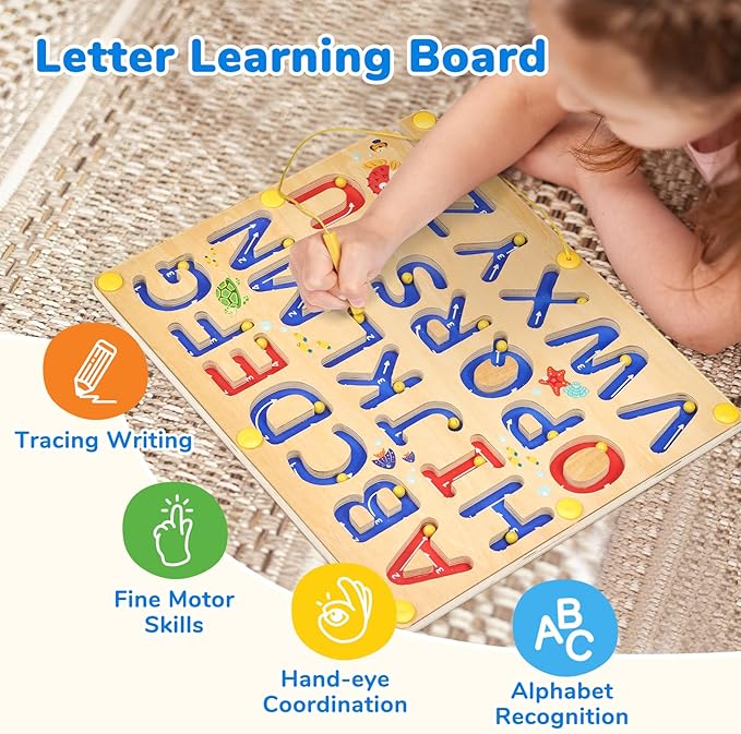JoyCat Magnetic Letter Tracing Board, Wooden Alphabet Tracing Board for Toddlers ABC Magnets Letter Writing Practice, Magnetic Maze Preschool Learning Educational Toys for Kids 3-5-CubbioJoy