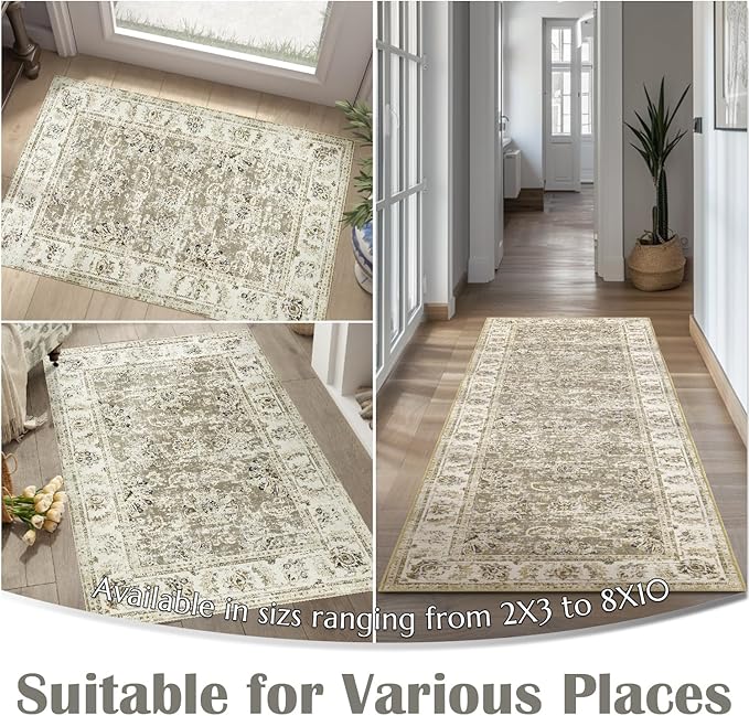 jinchan Hallway Runner Rug 3x10 Washable Runner - Vintage Floral Non Slip Low-Pile Soft Thin Faux Wool Kitchen Rug Distressed Carpet for Farmhouse Bedroom Laundry Room(3x10ft,Taupe)-CubbioJoy