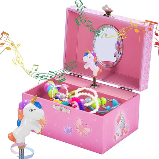 Jewelkeeper Unicorn and Butterfly Themed Jewellery Box Pink for Girls - Wooden Jewelry Box with Velvet Lining for Little Girl's Necklaces and Accessories - Spinning Unicorn Doll, Toys for Girls-CubbioJoy