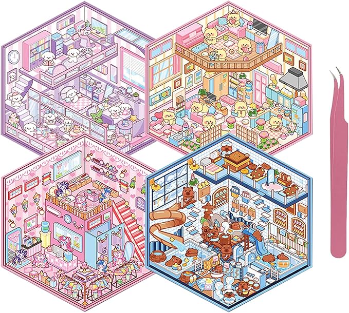 DIY 3D Sticker Scene 4 Sets of Reuseable and Waterproof Stickers Make Your Own Shop Scenes Sticker Cute Miniature Cartoon Stickers for Kids Adult-CubbioJoy