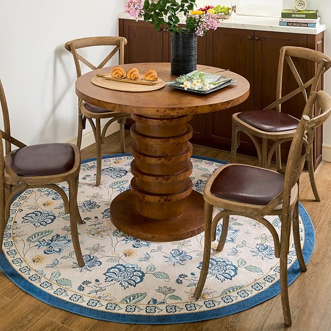 jinchan 6ft Floral Round Rug for Dining Room Washable Living Room Rug Vintage Romance Design Non Slip Indoor Floor Cover Lightweight Low-Profile Throw Carpet for Bedroom Porch Patio, Blue/Beige-CubbioJoy