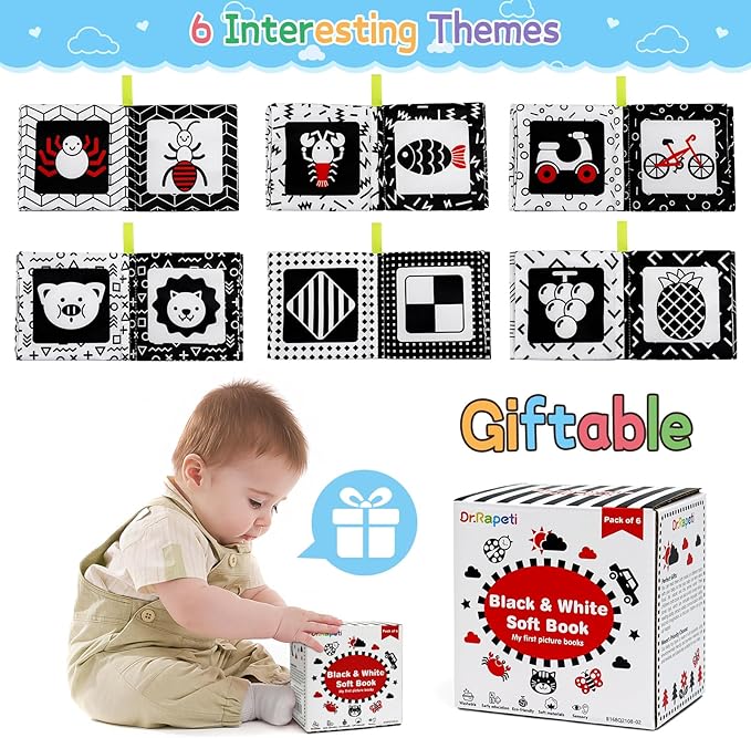 Dr.Rapeti Soft Cloth Books Baby Books Bath Books 6-Pack for Baby Infant Toddler Kids High Contrast Black and White Crinkle Washable Chewable Non-Toxic Early Educational Giftable-CubbioJoy