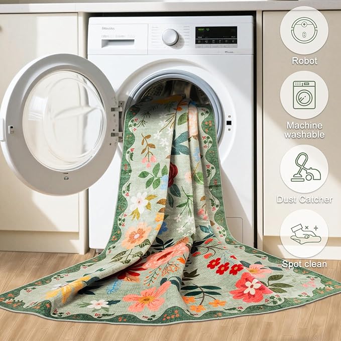 Area Rug Living Room Rugs: Floral 4x6 Washable Rug Vintage Soft Boho Non-Slip Carpet Indoor Floor Stain Resistant Large Carpets for Bedroom Dining Room Farmhouse Nursery Hallway Home Office Green-CubbioJoy