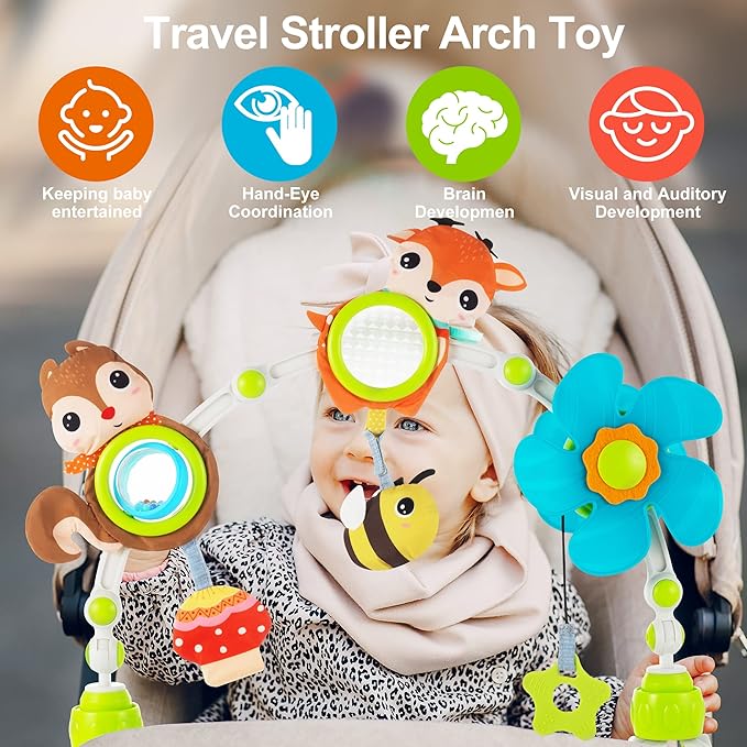 Adjustable Arch Bassinet Toys for Infant & Toddlers, Stroller Arch, Baby Crib Toys with Fascinating Hanging for Stimulating Baby’s Senses and Developing Motor Skills-CubbioJoy