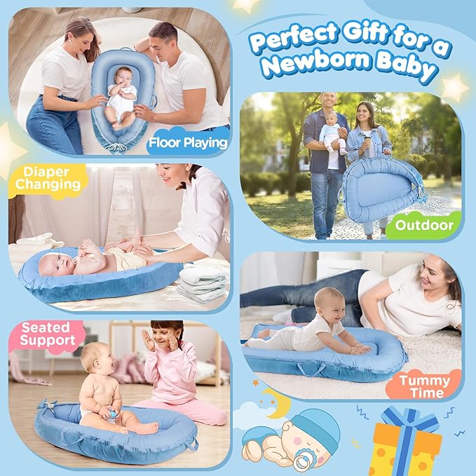 Baby Lounger - Baby Lounger for Newborn 0-24 Months, Breathable & Soft Cotton and Velvet Cover Baby Nest, Portable Tummy Time Lounger for Home and Travel, Ideal Baby Essentials & Shower Gifts-CubbioJoy