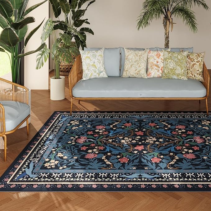Area Rug 4x6 Rug Washable Vintage Floral Botanical Rugs Non Slip Low Pile Small Carpet for Bedroom, Bedside, Kids Room, Office, Dining Room, Blue-CubbioJoy