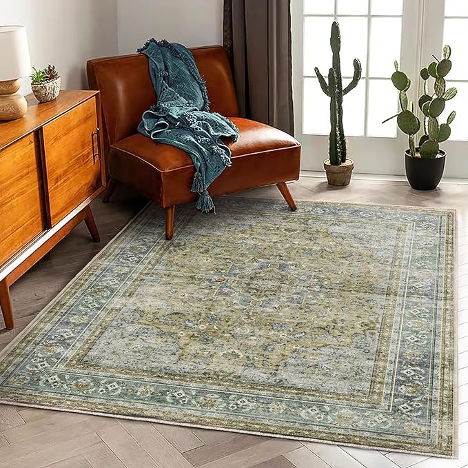 Area Rug 5'x7' Washable Rug Vintage Traditional Floor Cover Thin Retro Kitchen Indoor Distressed Non Slip Carpet for Living Room Bedroom Dining Room-CubbioJoy