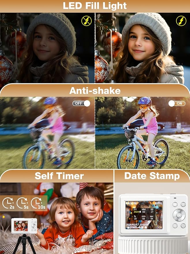 Digital Camera,FHD 1080P Kids Camera 44MP Point and Shoot Digital Cameras with 32GB Card,16X Zoom,Anti-Shake,Date Stamp,Compact Small Cameras Photography for Kids Student Teen Girl Boy(White)-CubbioJoy