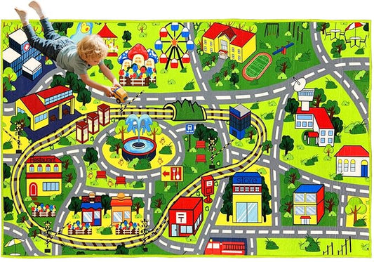 Car Rug Play Mat - Car Train Rugs Playroom Mat, Kids Rugs for Bedroom Road Rug with City Map Design Kid Room Decor, 59x31.49 lnches-CubbioJoy