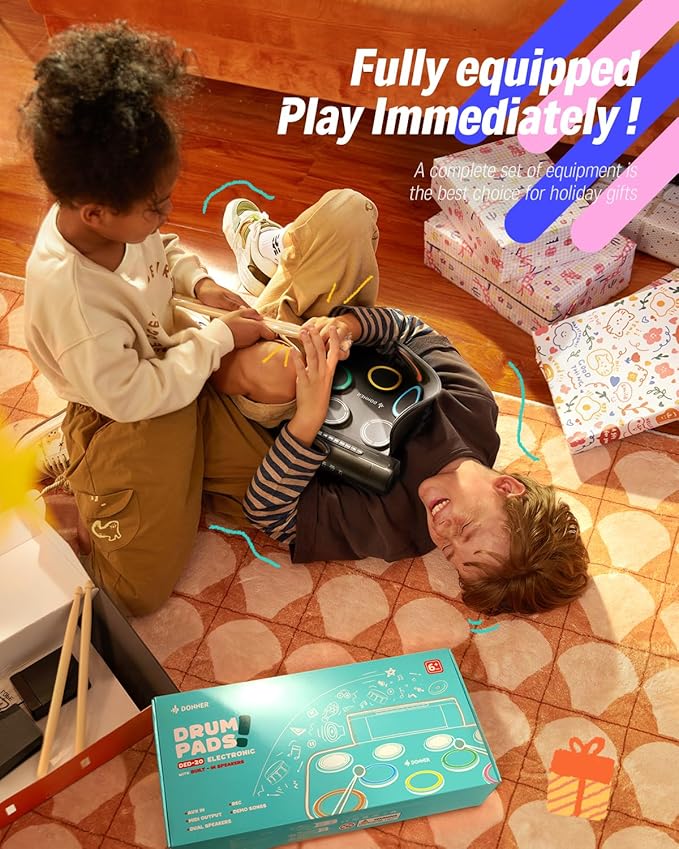 Donner Electric Drum Pad, 9 Pads Electronic Drum Set Roll Up Quiet Drum Pad Built-in Speaker, 40 Drum Lessons Included, Kids Holiday & Birthday Instrument Toys DED-20(SE)-CubbioJoy