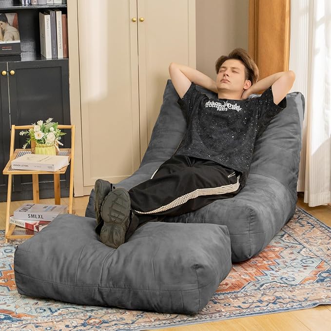 Bean Bag Chair with Ottoman, Comfy Bean Bag Sofa with Memory Foam, Lazy BeanBag Sofa with Footstool, Fireside Bean Bag Couch for Living Room, Bedroom, Apartment-CubbioJoy