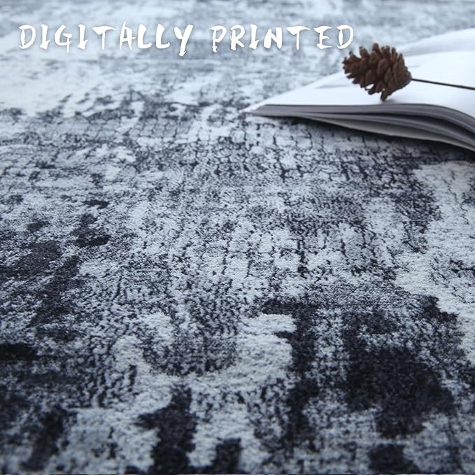 6x9 Rug Washable Bedroom Rug Large Soft Area Rug Abstract Pattern Non-Slip Faux Wool Vintage Rug for Living Room, Farmhouse, Dining Room, Kids Playroom, Grey and Black-CubbioJoy