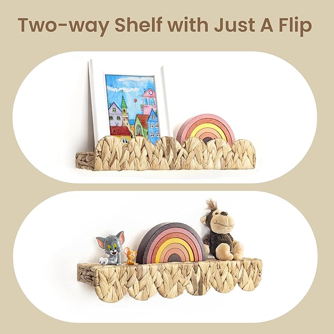 AELS Scalloped Nursery Bookshelf, Set of 2, Picture Ledge Shelf for Wall Decor, Woven Natural Water Hyacinth Floating Shelves for Books, Toys, Photo Frames, Nursery, Boho Modern Farmhouse Book Shelf-CubbioJoy
