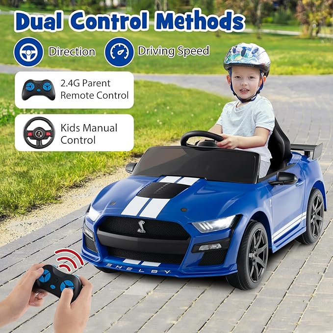 Costzon Ride on Car, 12V Licensed Ford Mustang Shelby GT500 Kids' Electric Vehicles w/Remote Control, USB Port, Radio, Music, Player, High Low Speed & Soft Start, Racing Kids Car for Toddler (Blue)-CubbioJoy