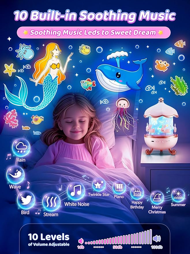 Carousel Night Light for Kids, 10 Music+15 Films+315 Colors Star Projector for Kids Night Light Projector,360°+Remote+1200mah Star Lights for Ceiling, Unicorn Toys for Girls Room Decor Princess Gifts-CubbioJoy