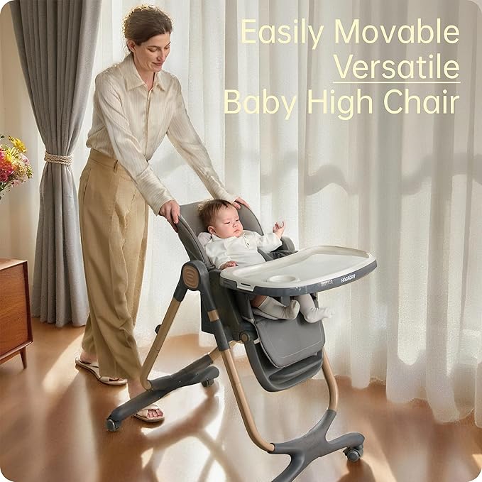 6 in 1 Convertible High Chairs for Babies and Toddlers,Portable High Chair with Dishwasher Tray and 4 Wheel,Booster Seat for Dining Table,Foldable Toddle and Baby Feeding Highchair (Gold-Grey)-CubbioJoy
