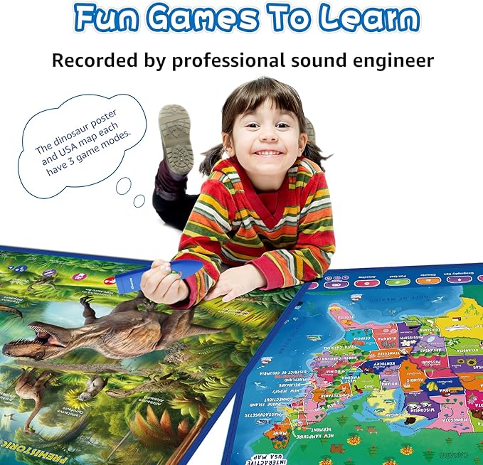 Bilingual Interactive for Kids Talking USA Map Dinosaur Poster for Kids Learning and Educational Toys,Talking Educational Dinosaur Toy for Ages 3 to 12 Years Old,Learning Chart for Preschool/Gift-CubbioJoy