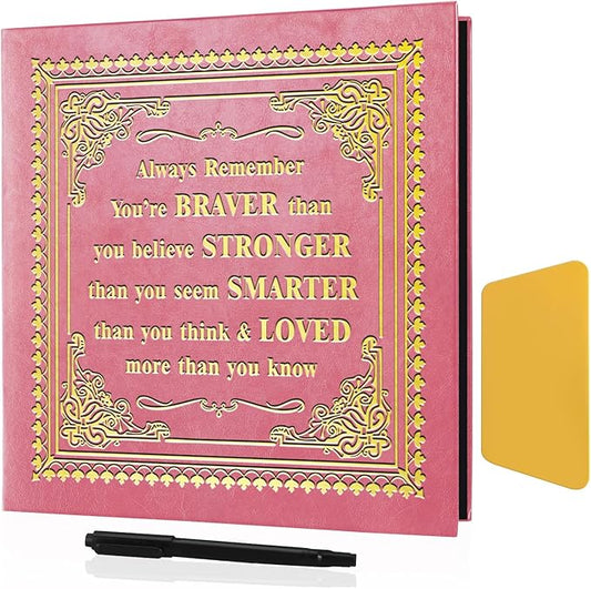 Inspirational Leather Photo Album,Magnetic Self-Stick Page Photo Album,Family Album,Hand Made DIY Albums Holds 3x5, 4x6, 5x7, 6x8 Photos (pink-always remember)-CubbioJoy