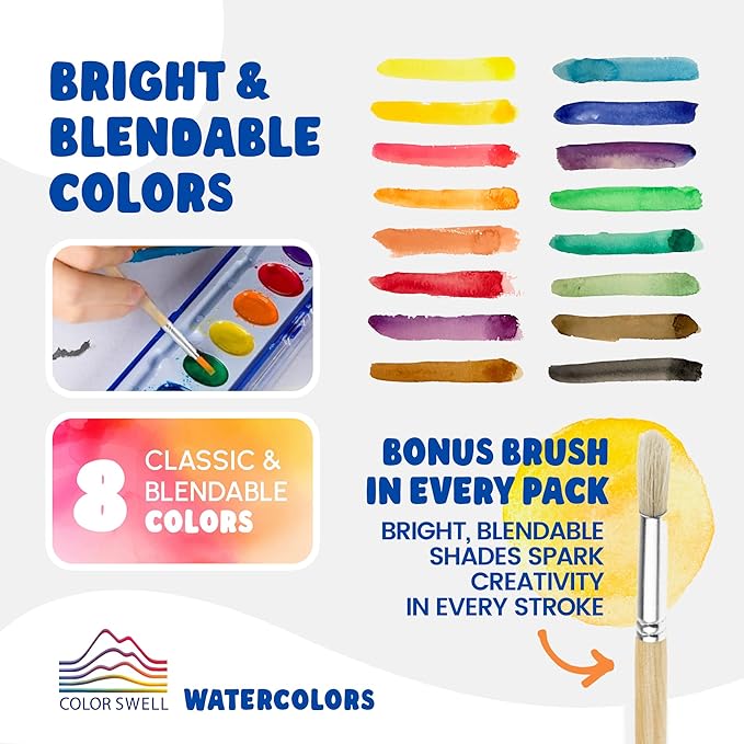 Color Swell Bulk Watercolor Paint 10 Pack with Wood Brushes 8 Washable Water Colors for Kids, Classrooms, Parties, All Ages-CubbioJoy