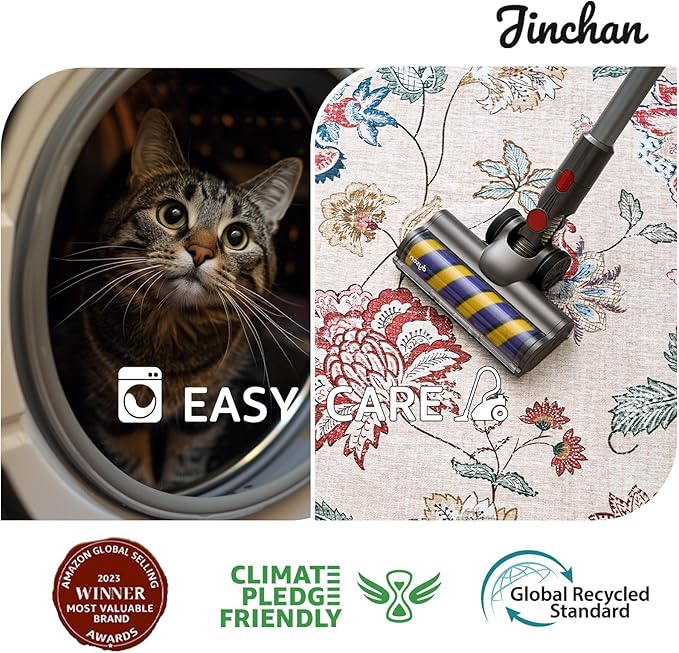 jinchan 8ft Floral Round Rug for Dining Room Washable Living Room Rug Vintage Romance Design Non Slip Indoor Floor Cover Lightweight Low-Profile Throw Carpet for Bedroom Porch Patio, Red/Beige-CubbioJoy