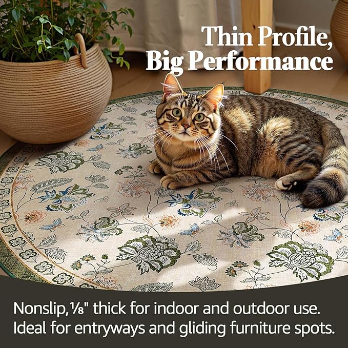 jinchan 8ft Floral Round Rug for Dining Room Washable Living Room Rug Vintage Romance Design Non Slip Indoor Floor Cover Lightweight Low-Profile Throw Carpet for Bedroom Porch Patio, Green/Beige-CubbioJoy