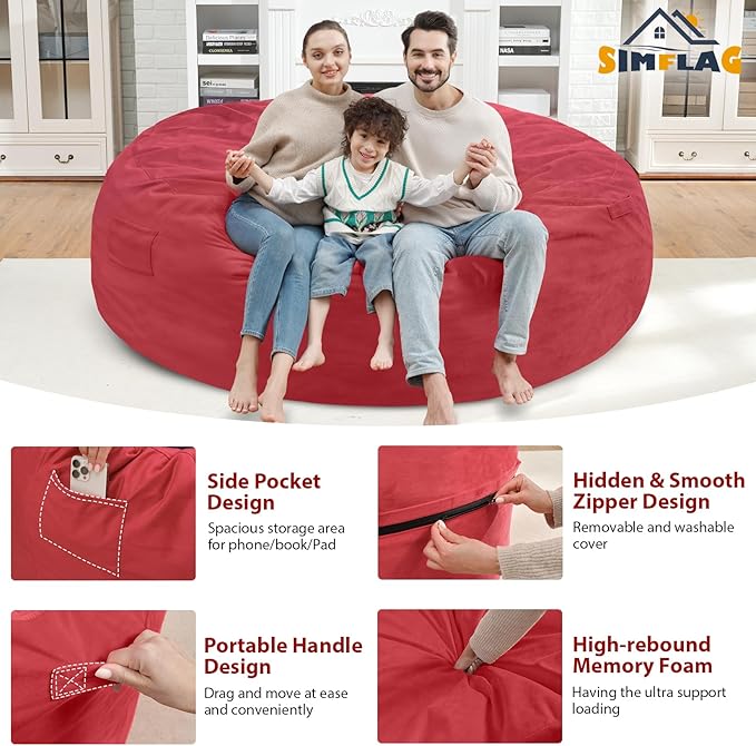 7FT Bean Bag Chair, Large Bean Bag Chairs with Memory Foam Filled, Fluffy Beanbag Sofa with Dutch Velvet Cover, Round BeanBag Chairs for Living Room, Playroom - Red-CubbioJoy