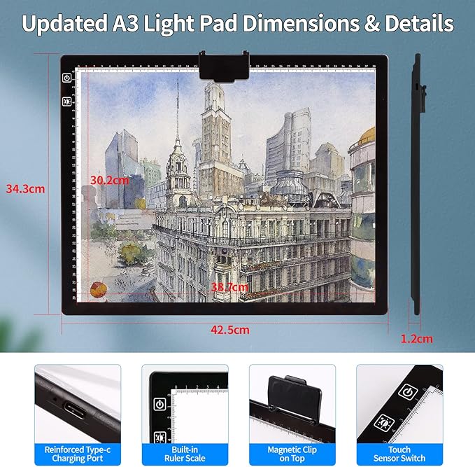 A3 Light Pad, Elice Tracing Light Box 3 Colors Mode Stepless Dimmable and 6 Levels of Brightness Light Copy Pad, Wireless Rechargeable Led Light Board for Weeding Vinyl Diamond Painting Sketching-CubbioJoy