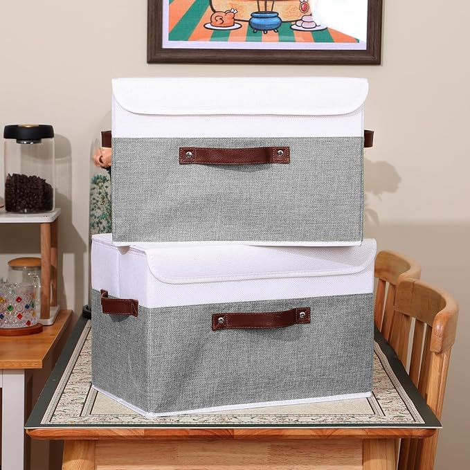 ANMINY 4PCS Storage Boxes with Lid Washable Decorative Storage Bins Basket with PU Leather Handle Foldable Linen Fabric Storage Cubes Containers for Home Closet Organizer - Gray White, Large Size-CubbioJoy