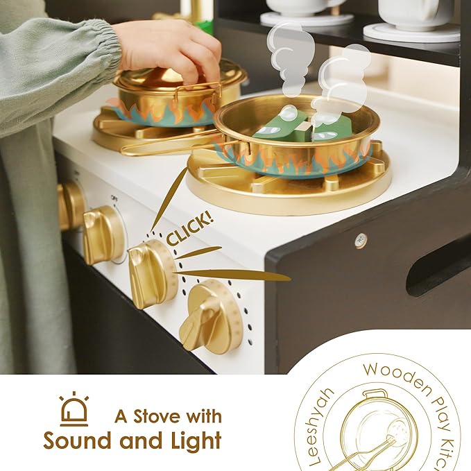 Interactive Wooden Play Kitchen for Kids 3+ Realistic Stove Sounds & Ice Maker Pretend Playset with 12 Kitchen Accessories Montessori Toy-CubbioJoy