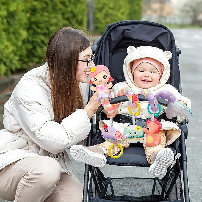 Car Seat Toys for Babies 0-6 Months Boy Girl Carseat Toys Hanging Spiral Stroller Toy, Infant Toy 0-6 Months Baby Newborn 0 3 Month Brain Development with Music Teether Rattle-CubbioJoy