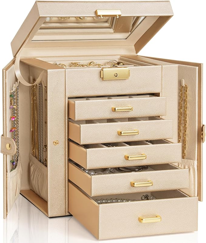 AKOZLIN 6-Tier Jewelry Box Lockable Leather Jewelry Storage Case with 5 Drawers for Women Girls Ring Necklace Earring Bracelet Holder Organizer with Mirror-CubbioJoy