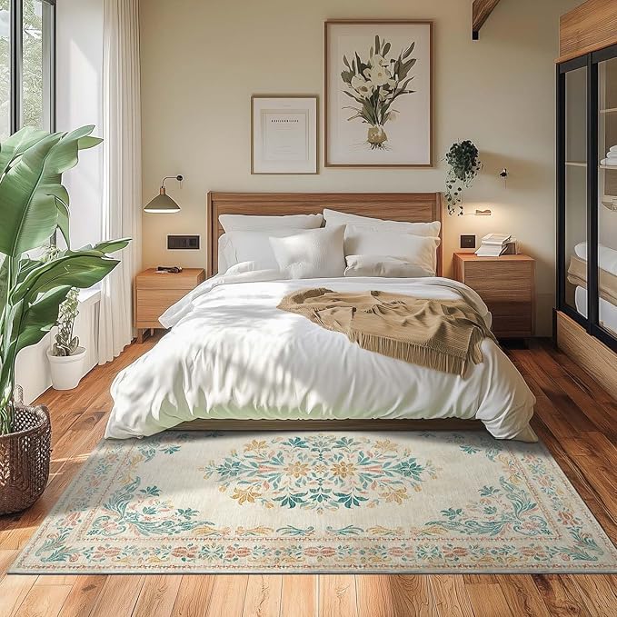 jinchan Floral 5x7 Area Rugs for Nursery - Machine Washable Vintage Distressed Design Soft Ultra-Thin Low-Pile Non-Slip Kids Carpet for Bedroom Living Room Dining Room Home Office (5x7ft,Apricot)-CubbioJoy