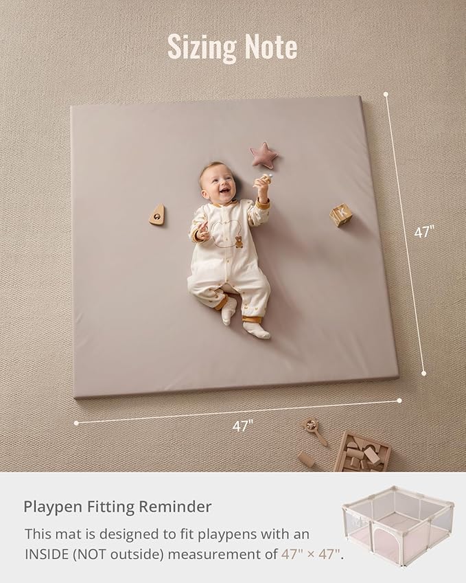 Blissful Diary Vegan Leather Baby Play Mat, 47x47 Thicken Foam Cushioned & Waterproof Playpen Mat for Infants and Toddlers, Stylish and Just Wipe-Clean Playmat for Baby Play on Floor, Taupe-CubbioJoy