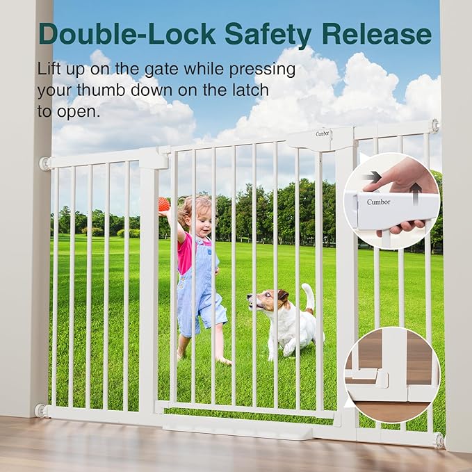 Cumbor 2 Pack 29.7-54.2" Baby Gate for Stairs, Mom's Choice Awards Winner-Auto Close Dog Gate for Doorways, Easy Install Pressure Mounted Pet Gate Indoor, Wide Safety Gate for Dog, White-CubbioJoy