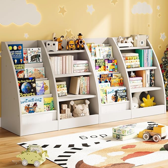 4 Tier Kids Bookshelf Set of 2, 4 Layer Sling Kids Book Shelf for Kids Rooms,Wood Children Bookcase,Baby Storage Book Rack,Toddler Bookshelf, Book and Toy Organizer,Book Display Shelf for Nursery-CubbioJoy