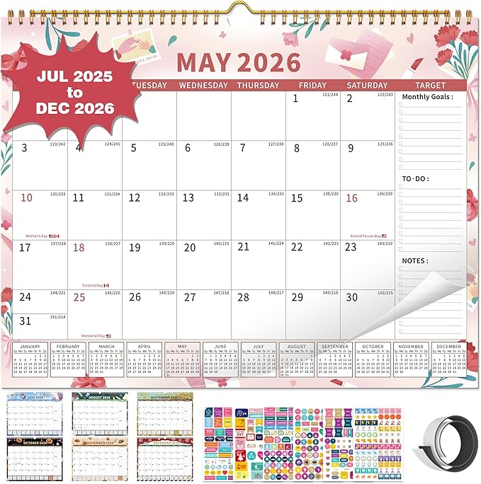 2025-2026 Calendar, 18 Month Wall Calendar 2025-2026 Hanging Spiral Bound Magnetic Fridge Desk Calendars 15" x 12", Jul 2025 - Dec 2026, A- Small Colorful-CubbioJoy