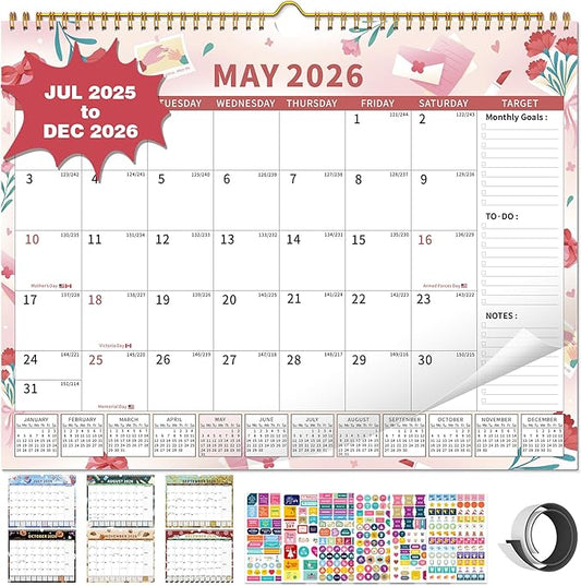 2025-2026 Calendar, 18 Month Wall Calendar 2025-2026 Hanging Spiral Bound Magnetic Fridge Desk Calendars 15" x 12", Jul 2025 - Dec 2026, A- Small Colorful-CubbioJoy