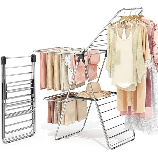 APEXCHASER Clothes Drying Rack with 4 Wings, Stainless Steel Drying Rack Clothing with Height-Adjustable, Foldable Gullwings Laundry Drying Rack, Indoor Outdoor Use, No Assembly, Black-CubbioJoy