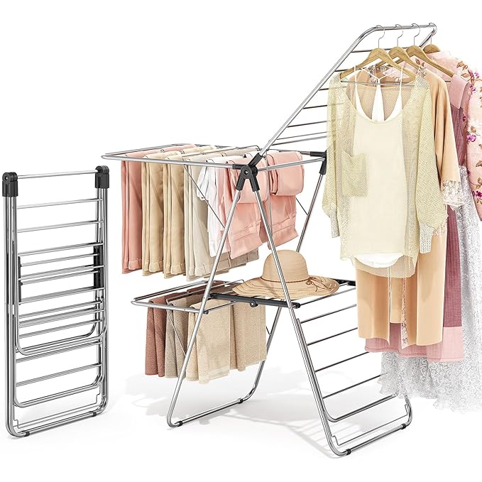 APEXCHASER Clothes Drying Rack with 4 Wings, Stainless Steel Drying Rack Clothing with Height-Adjustable, Foldable Gullwings Laundry Drying Rack, Indoor Outdoor Use, No Assembly, Black-CubbioJoy
