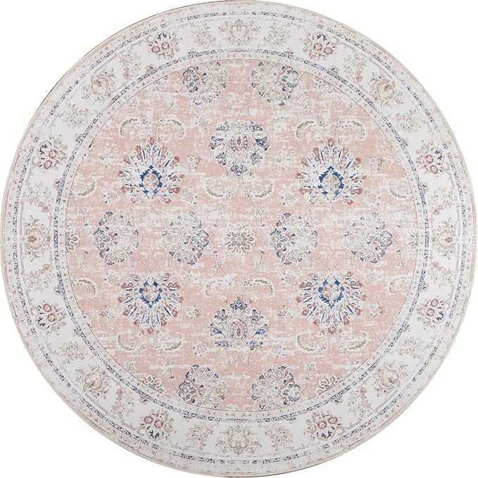 jinchan Round Rug 4ft Area Rugs Vintage Floral Distressed Design - Machine Washable Non-Slip Low-Pile Ultra-Thin Circle Rug for Entryway Bedside Living Room Dining Room Bedroom (4' Round,Pink)-CubbioJoy