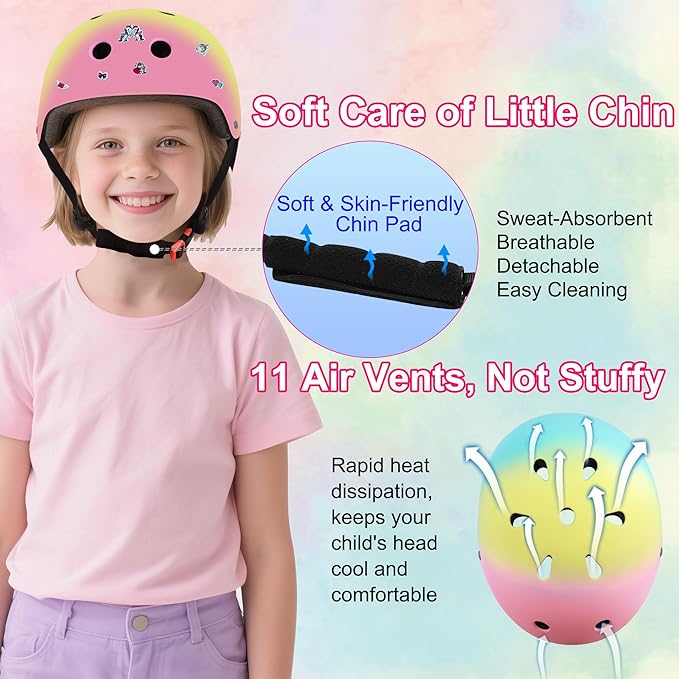 Kids Bike Helmet with DIY Stickers and Knee Pads Elbow Pads Wrist Guard Set for Ages 3-8-14 Toddler Boys Girls Helmet for Roller Skates Cycling Skateboarding Bicycle Scooter-CubbioJoy